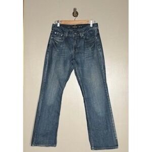 Helix Mens Bootcut Jeans 30x30 Medium Wash Distressed Cross Back Pockets Denim